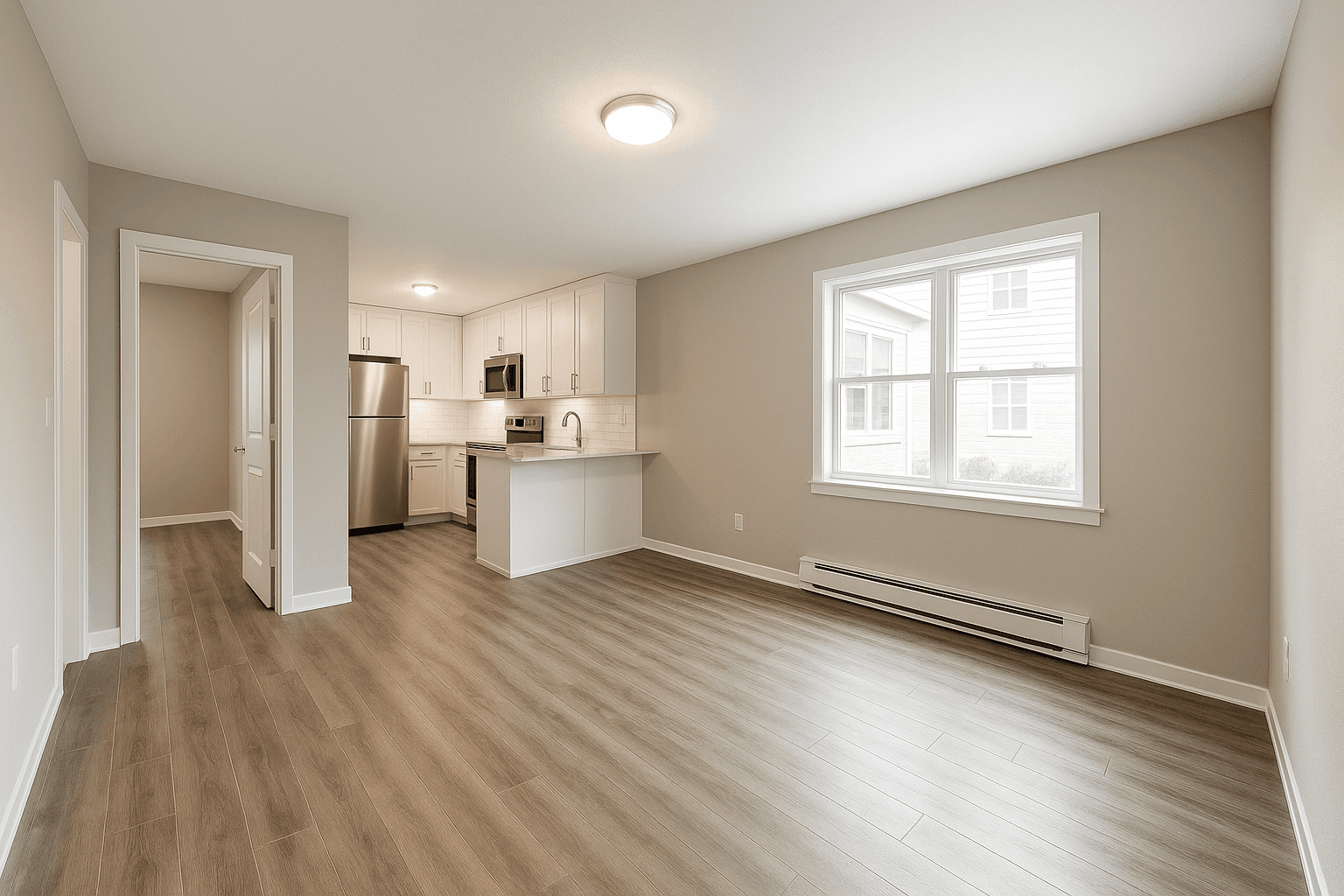 Freshly renovated multifamily apartment unit — new flooring, paint, and kitchen finishes